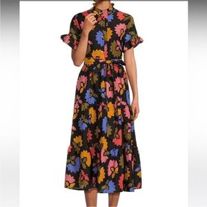 J.Marie Avery Floral Button Up Short Ruffled Sleeve Tie Waist Midi Dress